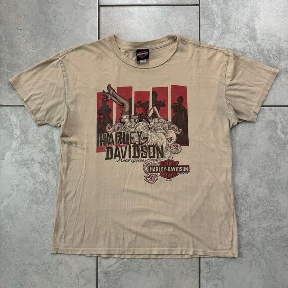 Harley Davidson Biker Girl Graphic Tee Shirt Size L Cream - Picture 1 of 7